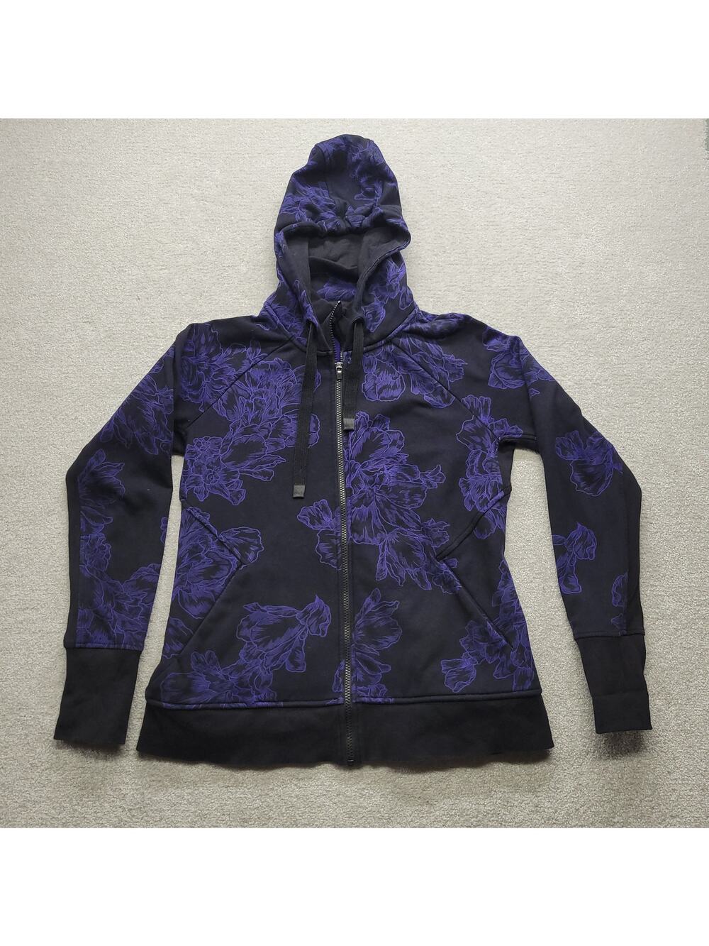 Athleta Floral Full Zip Hoodie Womens Large Purple Black Fleece Jacket